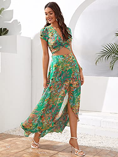 Floerns Women's 2 Piece Boho Twist Front Top And High Split Maxi Skirt Set Aqua Green L #TOP2