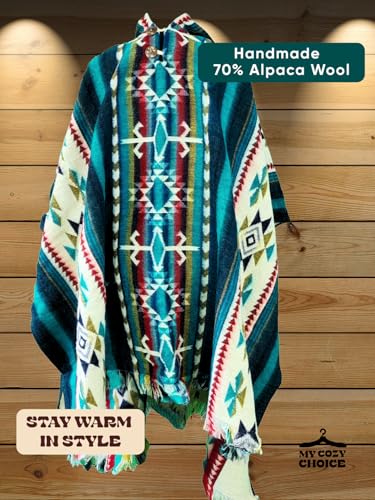 Image of Wool Poncho Adult Ponchos With Hood for men Alpaca Poncho Men Artesanal Ponchos Adult Alpaca Mens Panchos