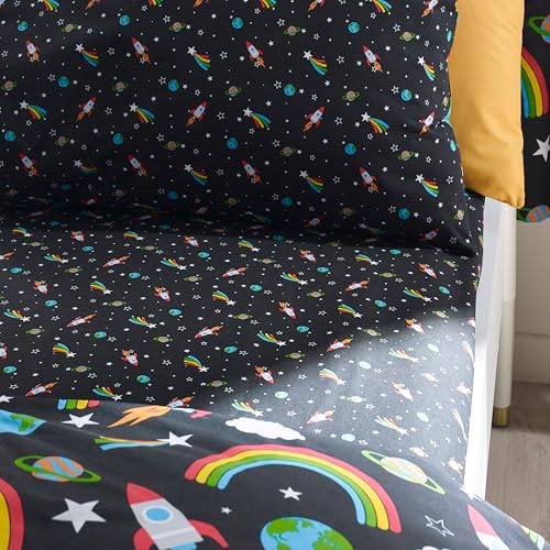 Drap-housse pour lit double noir Rainbow Rockets pour décorer une chambre d'ado spatiale