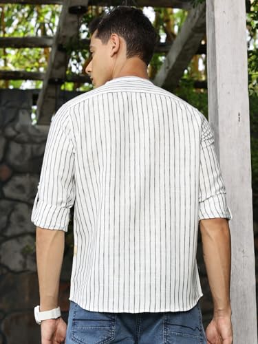 Image of Thomas Scott Men's Slim Fit Cotton Linen Casual Shirt with Mandarin Collar | Vertical Stripes | Three-Quarter Roll-Up Sleeves