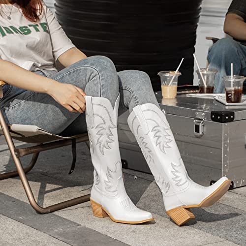 Ouepiano Women's Cowboy Boots Western Cowgirl Knee High Boots Embroidered Pointed Toe Chunky Heel 5Cm Cowgirl Cowboy Mid Calf Boots For Women, Party And Concert #TOP1