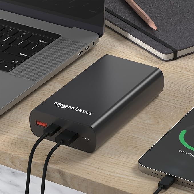 Image of (Refurbished) Power Bank 20000mAh 22.5W Fast Charging with Cable | Triple Output Ports |Dual Input Ports | Lithium Polymer Power Bank | Compact Metal Body (Black)