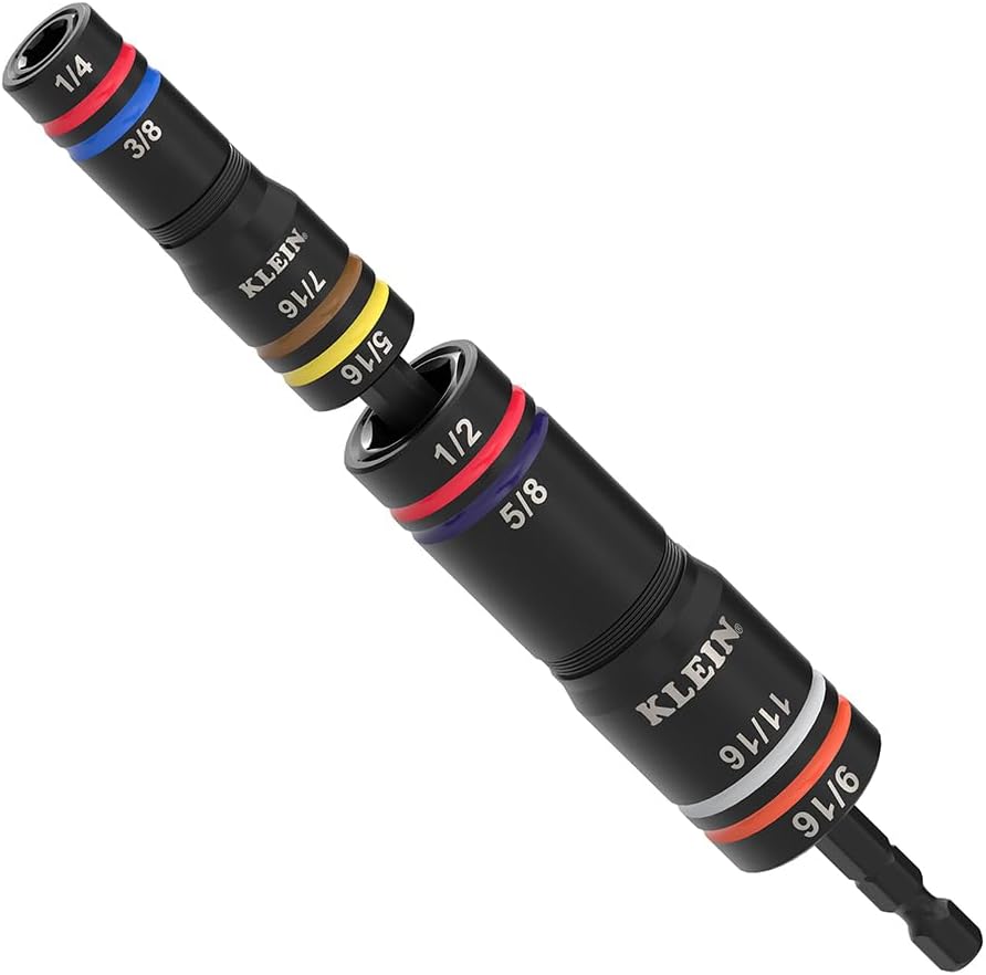 Klein Tools 652QS Quad Socket, 8 Sizes in 2 Sockets, 4-in-1 Color Coded SAE Impact Rated, Deep-Well Heavy-Duty, 1/4-Inch Drive, 6-1/2-Inch Shaft