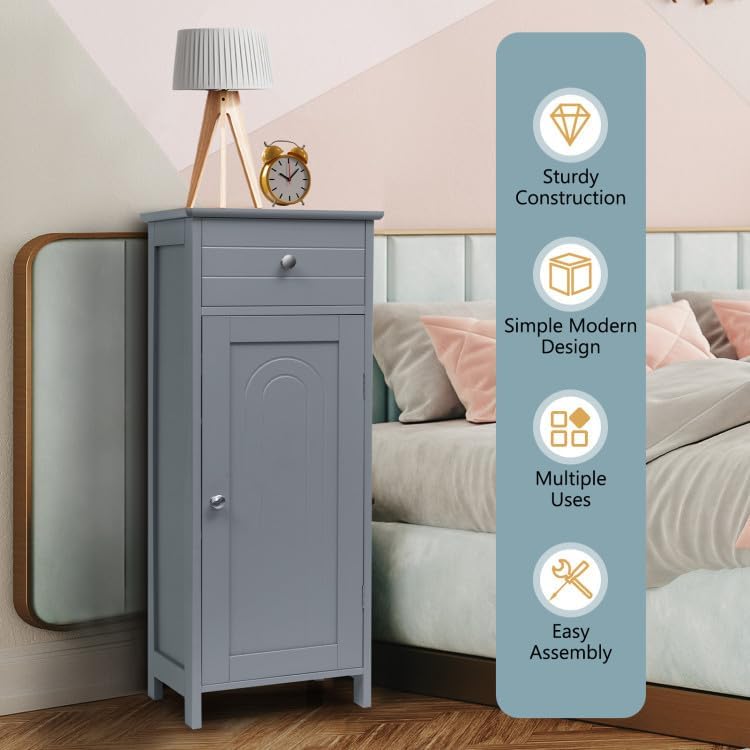 Miniatura 4 de GOFLAME Armario de almacenamiento de baño, armario de almacenamiento de madera independiente con cajón grande, 2 estantes flotantes con 7