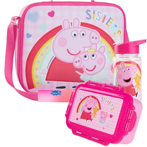 Get Trend Peppa Pig Bolsa Termica Infantil con Fiambrera Almuerzo Botella Agua Niños Set de 3 Piezas Bolsa Merienda Botellas Loncheras Material Escolar (Rosa Peppa Pig)