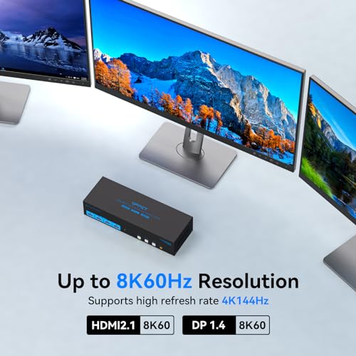 4K144Hz Displayport KVM Switch 3 Monitors 3 Computers 1 HDMI 8K30Hz KVM Switches Triple Monitor for 3 PC Share 3 Screens and 4 USB 3.0 Ports with Power Adapter and USB Cables