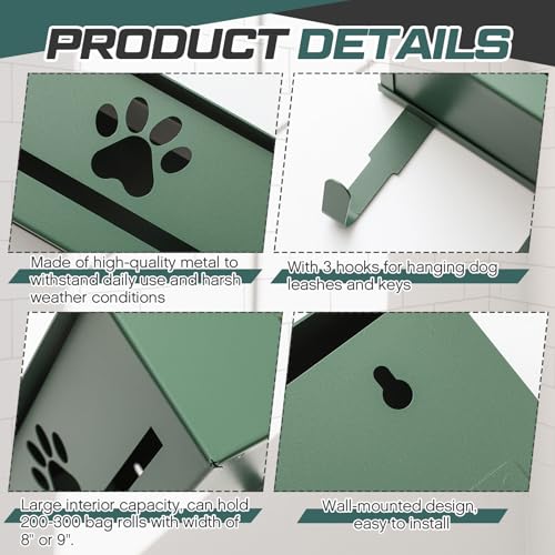 Image of Blulu Wall Mount Dog Poop Bags Dispenser Holder with Hooks Metal 200 /300 Single Large Roll Pet Waste Station Bags Dispenser for Outdoor Indoor Home Yard Doggy (Green)