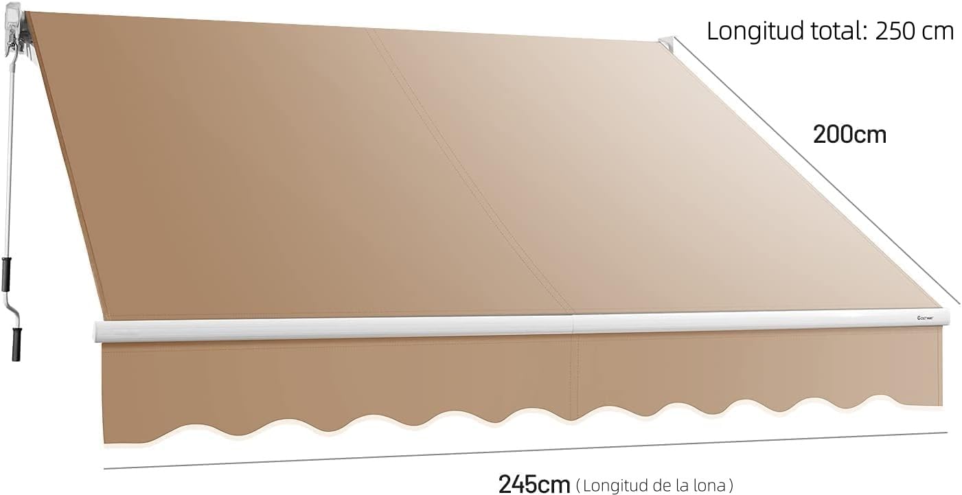 GOPLUS Toldo Retráctil Exterior(Beige, 250 x 200 cm) | Toldo Enrollable Impermeable, con Manivela, Ángulo Ajustable 40-100°y Brazo Articulado, para Terraza Jardín Tienda