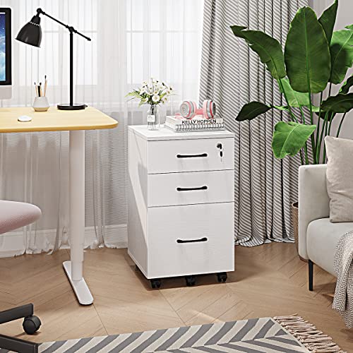 Image of Panana 3 Drawer Wood Mobile File Cabinet, Under Desk Storage Drawers Small File Cabinet for Home Office (White)