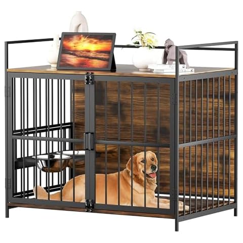 MODCART Dog Crate Furniture-Style Cages for Large Dogs Indoor Heavy Duty Super Sturdy Dog Kennels with 2 Stainless Steel Bowls Cover