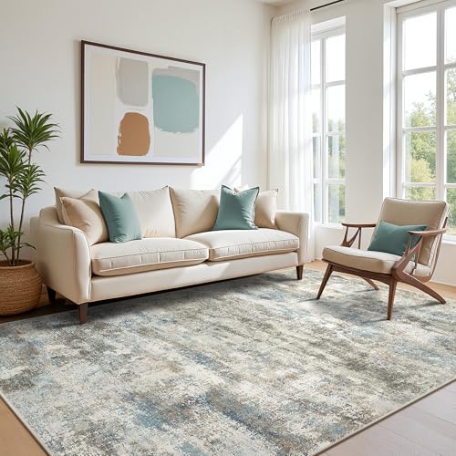 Image of BEIMO Area Rugs 5x7 for Living Room Bedroom, Modern Abstract Machine Washable Rug, Large Soft Low Pile Floor Carpet with Non Slip Backing for Dining Room, Blue /Taupe