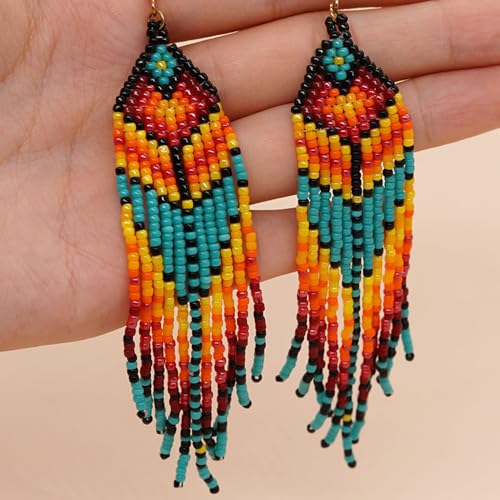 Clip on Dangling Earrings Long Tassel Beaded Boho Stripe Bohemian Earrings No Pierced Seed Bead Tribal Drop Jewelry for Women Party Yellow Blue pink Green Black4