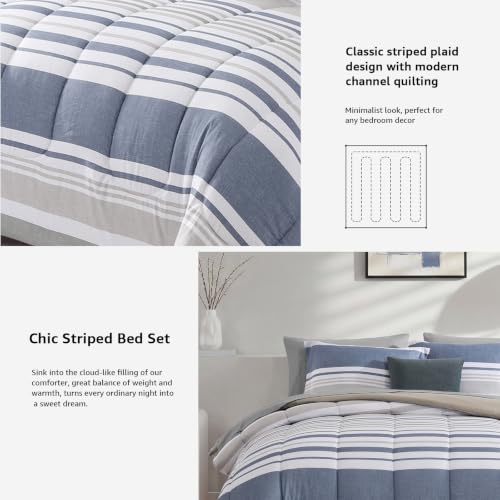 Image of Monbix Queen Comforter Set - 7 Pieces Bed in a Bag Queen, Ocean Blue-Stripe Bedding Sets, All Seasons Comforter Bed Set with Sheets, Pillowcases & Shams