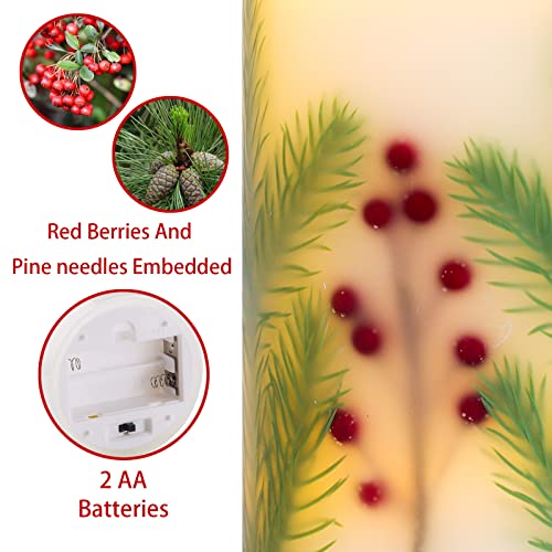 Immeiscent Christmas Flickering Flameless Candles, Red Berry Embedded Battery Candles, D4”Xh8”,Real Wax Pillar Candle With Timer For Wedding, Holiday,Christmas,Home Decor,Bedroom,Party (Pine Needles) #TOP1