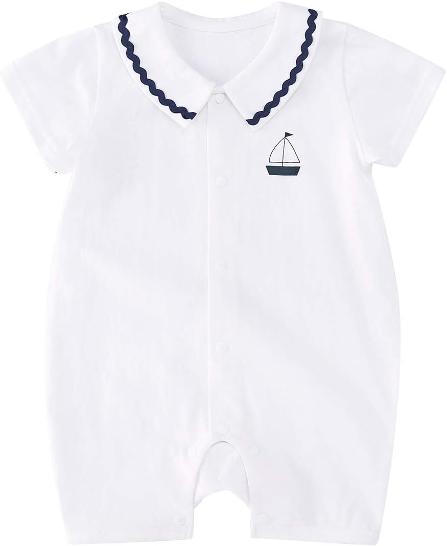 pureborn Baby Boy Cotton Sailboat Summer Collared Romper Outfit White 12-24 Months