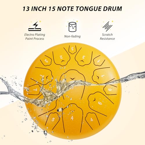 Image of Steel Tongue Drum, 13 Inch 15 Notes Tongue Drums, C Major 440 Hz Drum Percussion Instruments, Handpan Drums with Music Book, Drum Mallets and Carry Bag (Yellow)