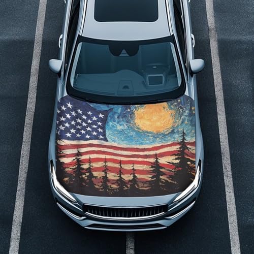 Image of Waterproof Car Hood Cover American Flag Stars Stretch Protector for Car Hood Removable Automotive Accessories for Most Automotive Sedans Trucks Pickup SUVs