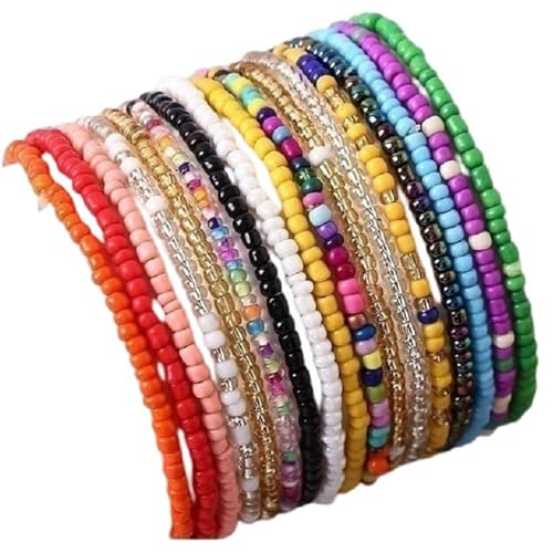 17Pcs Elastic Colorful Beaded Bracelets Anklet Set Handmade Bracelets Bohemian Stackable Rainbow Multi-Strand Elastic Stretch Boho Beach Seed Beach Bracelet Summer Jewelry