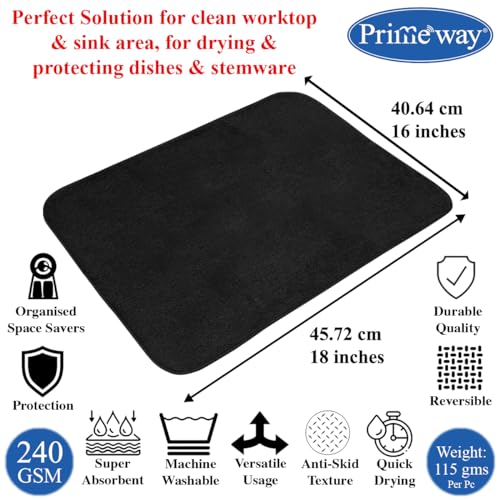 Image of Primeway Polyester Microfibre Pack of 2 Large Dish Drying Mat for Kitchen | 5X Water Absorbent | Utensils Sink Platform Mat | 7mm Thickness | 40x45cm | 240 GSM | 115 Grams Each
