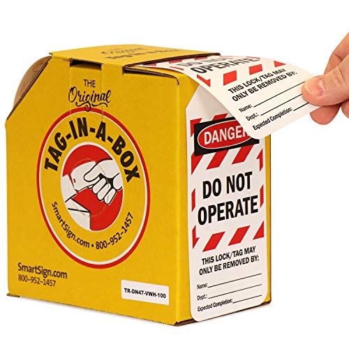 Smartsign Pack Of 100 “Danger - Do Not Operate” 2-Sided Lock Out Safety Tags In Dispenser Box | 3" X 6.25" Plastic, Red White Stripes #TOP2