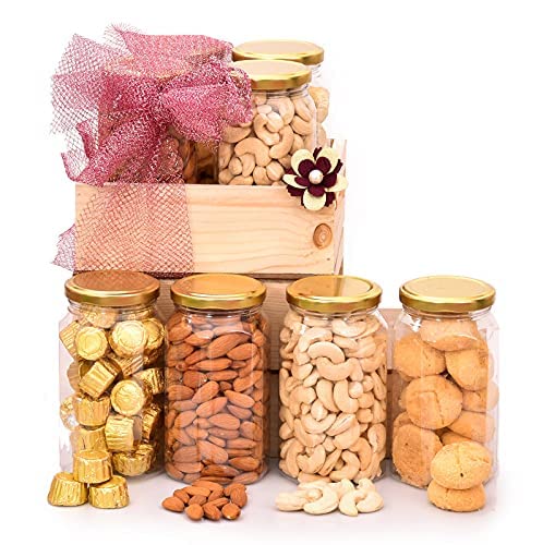 Image of NUTRI MIRACLE Rakhi Dry Fruit & Nut Gifts N Chocolates With Handcrafted Rakhis For Brother N Kids Including Golden Bhai Bhabhi Pair N Tilak Kit,400gm