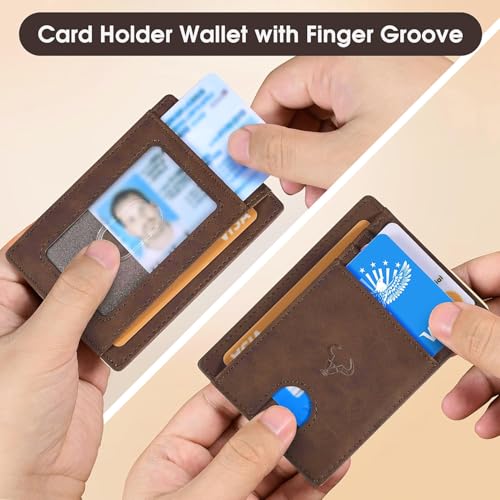 Image of Contacts Genuine Leather Slim Wallet | RFID Blocking Skinny Minimal Thin Front Pocket Wallet Sleeve Card Holder for Men | Up to 7 Card Slots Including 1 ID Window (Hunter Brown)