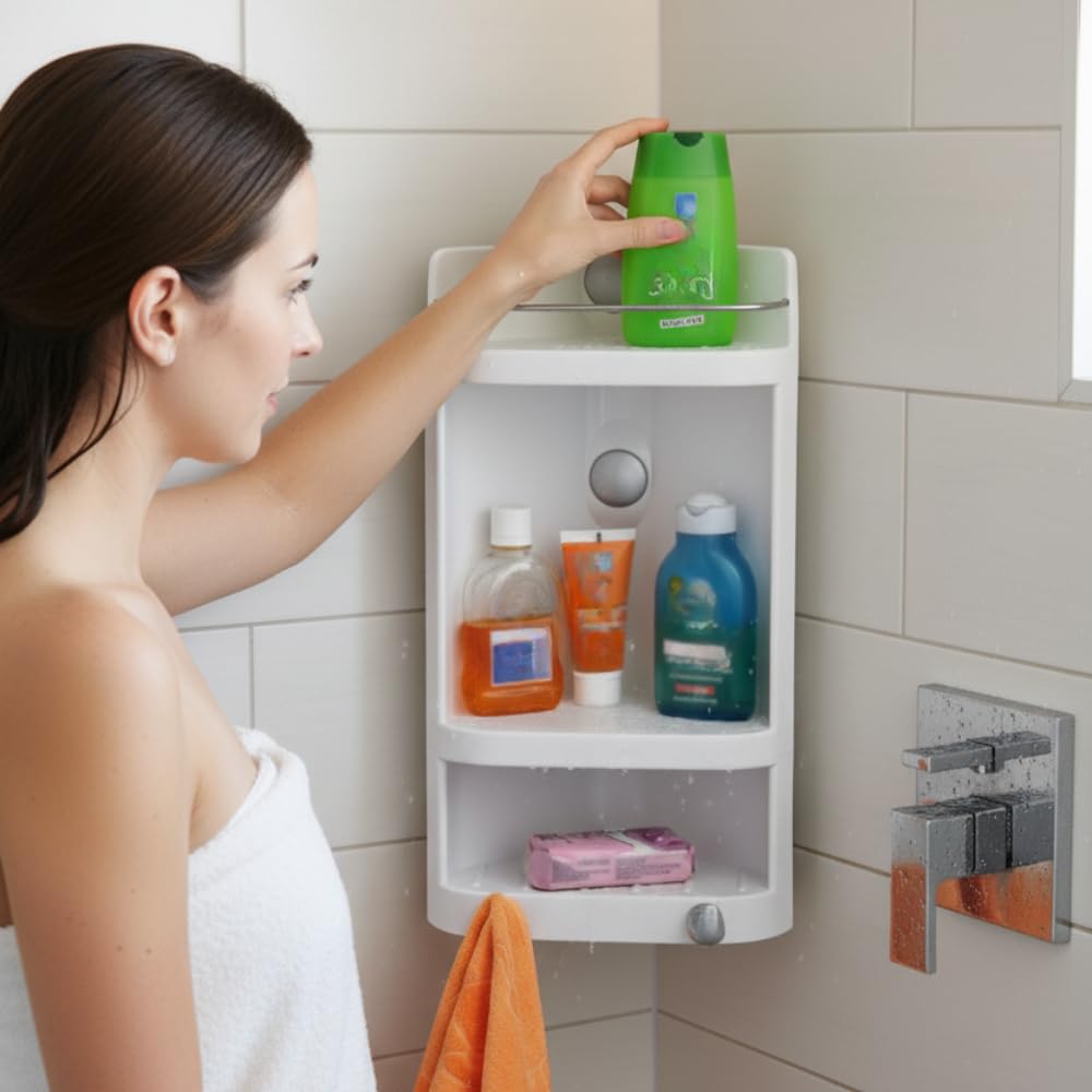 branco caddy small corner cabinet for bathroom wall | plastic multipurpose wall mount bathroom corner shelf & storage rack | corner cabinet shelf - white - (set of 2)