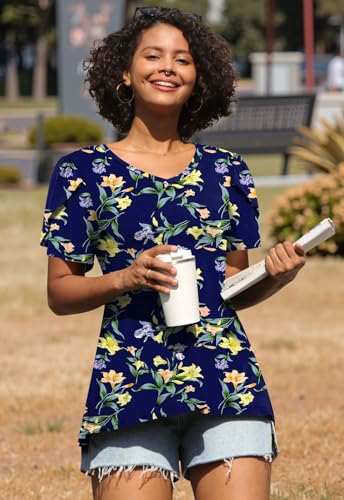 Image of CATHY 2026 Women Tops Summer Short Sleeve Tunic V Neck T-Shirts Loose Casual Floral Blouse S-4XL