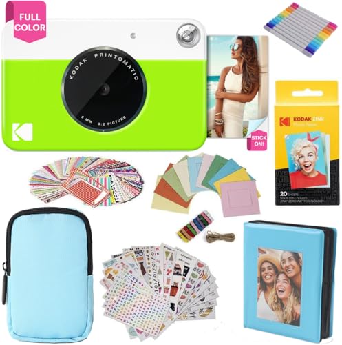 KODAK Printomatic fotocamera a stampa istantanea + custodia morbida + carta fotografica Zink 2x3 20pz + album + adesivo + cornici per adesivi + cornici sospese + pennarelli - Verde