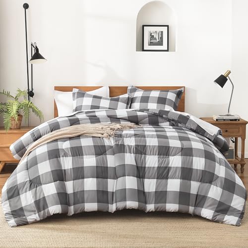 Image of Andency Plaid Comforter Full(79x90Inch), Gray White Checkered Gingham Buffalo Bed Set for Boys Teens, Lightweight Bedding, 3 Pieces(1 Comforter & 2 Pillowcases)