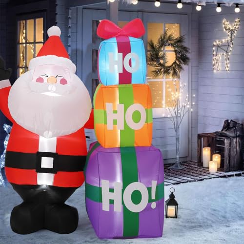 6FT Christmas Inflatable Outdoor Decorations, Cute Santa with Gift Box, Blow Up Xmas Yard Decoration for Holiday Home Party Garden Lawn Decor, Indoor Outdoor Use, Easy Installation