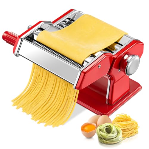FOHERE Máquina para Hacer Pasta Fresca Manual Roja 3en1 | Disfruta la Cocina Italiana: 7 Niveles de Grosor, 2 Anchuras de Corte, Acero Inoxidable y Abrazadera de Mesa
