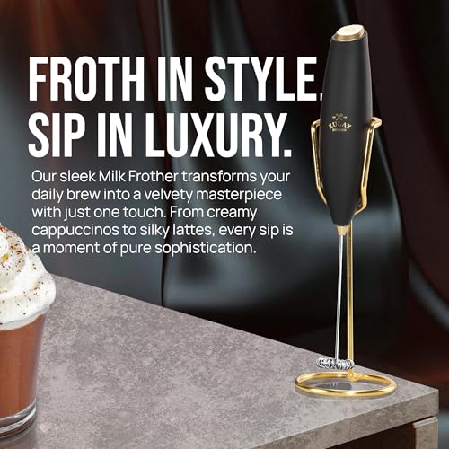 Image of Zulay Kitchen Powerful Milk Frother Wand With Duracell Batteries - Ultra Fast Handheld Drink Mixer - Electric Whisk Foam Maker for Coffee, Lattes, Cappuccino & Matcha - Z1 Motor - Exec Black Gold