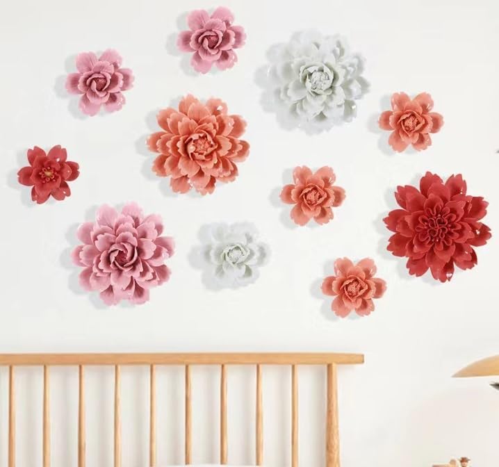 Miniatura 6 de Decoración de flores de cerámica para pared, arte de pared artificial 3D, hecho a mano, escultura colgante de flores de porcelana (peonía blanca,