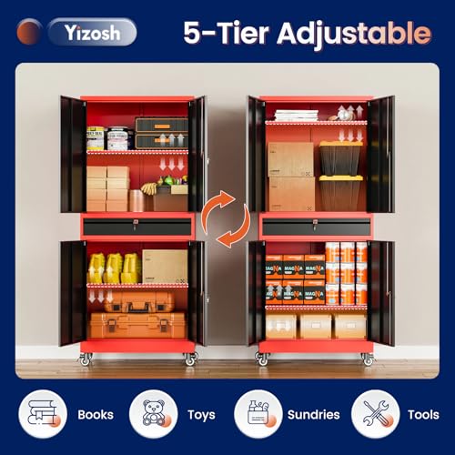 Image of Yizosh Metal Garage Storage Cabinet with Locking Doors and Adjustable Shelves,- 73 inch Rolling Tool Storage Cabinet with 4 Wheels and 1 Drawer for Garage,Warehouse (Red Black)