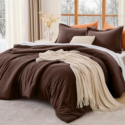 Image of MUXHOMO Oversized Queen Comforter Set, Lightweight Down Alternative Bed Set | All Season 3 Piece Bedding Set,Ultra Soft Down Alternative,Includes 1 Comforter 98x98 and 2 Pillow Shams 20x26,Dark Brown