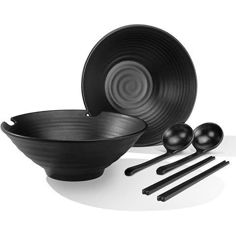 YTLEMON Ramen Bowls Set of 2 - Picnic Plastic Bowl 1100 ml / 37 Ounces Capacity Ideal for Mixing Noodle Salad Pasta Dinnerware Punch Bowl with Chopsticks and Spoon Men and Women Gifts Ideas Cover