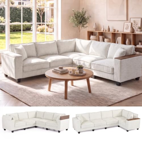 Image of 97 inch 5 Seat V-Shaped Sectional Couch, Modern Comfy Chenille Corner Sofa, Modular Convertible L-Shaped Couch, Convertible Sofa with Storage Armrests & 2 Pillows, Sectional Couches for Living Room, Beige