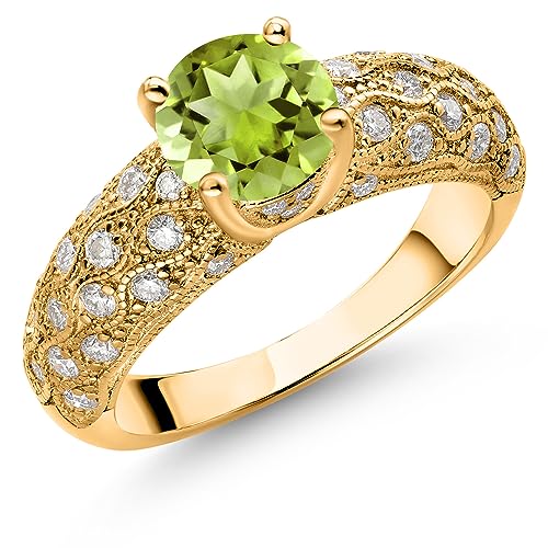 Gem Stone King 18K Yellow Gold Plated Silver Green Peridot and White Moissanite Engagement Ring For Women (1.79 Cttw, Round 7MM, Gemstone August Birthstone, Available In Size 5, 6, 7, 8, 9)