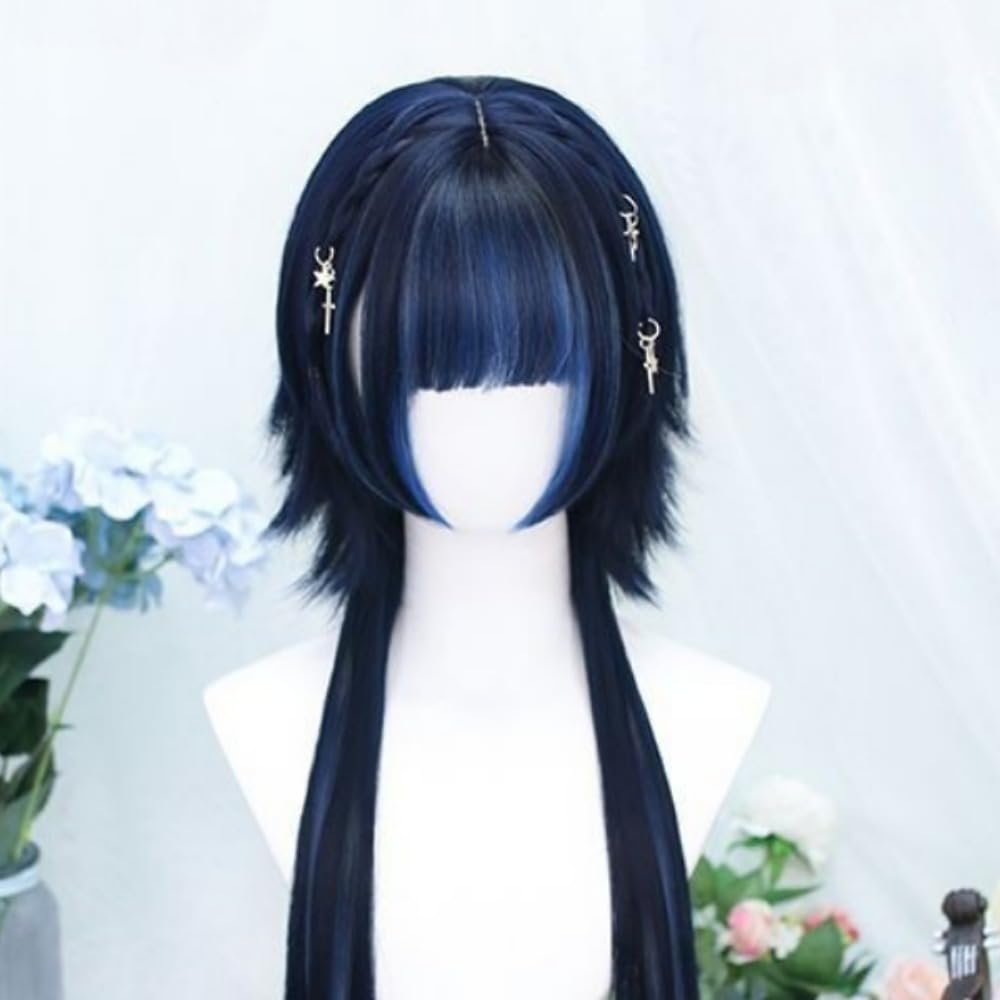 SCORRO Hime Cut Long Straight Black Layered Hair Lolita Bob Wig, Pre-styled Jellyfish Braided Hair Wig for Women Girls, Party Wig Halloween Daily Wigs (Braided Styling, Natural Black)