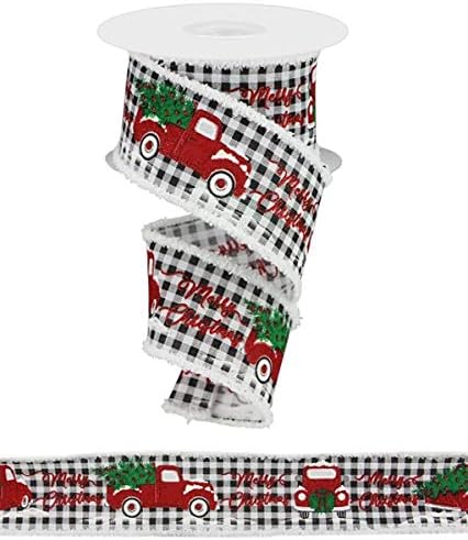 Merry Christmas Truck Ribbon with Snowdrift Wired Edge - 10 Yards (Black, White, 2.5 Inch)