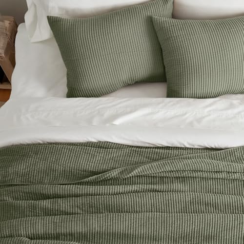 Image of EVERGRACEHOME Cotton Coverlet Set Full Queen Size 3 Pieces, Lightweight Soft Ribbed Matelasse Bedspread Quilt Set, Cozy Oversized Quilted Bedding Set with 2 Pillow Shams for All Seasons, Olive Green