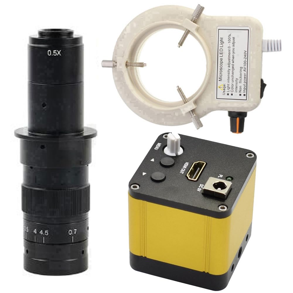 Microscopio Industriale della Fotocamera Digitale HD HDMI 1080P 60FPS Video Record Camera e Obiettivo C-Mount 180x con Luce ad Anello Regolabile a 56 LED