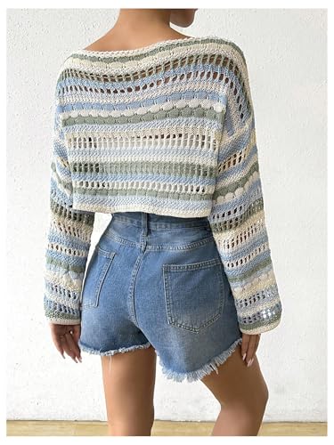 Image of SOLY HUX Sweaters for Women Hollow Out Striped Boat Neck Long Sleeve Crochet Crop Tops Multicoloured Striped Large