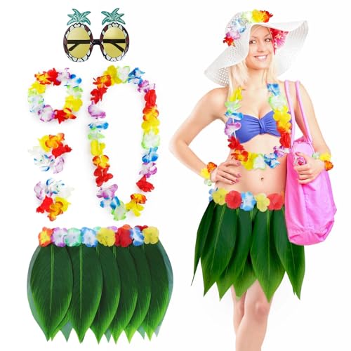 Aomig Falda Hawaiana Niña, 6pcs Hawai Palm Hojas con Pulseras Diadema Collares y Vasos de Piña, Falda de Hoja de Hula para Playa Fiesta Hawaiana