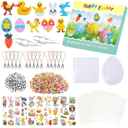 Juego de 3057 cuentas para planchar de Pascua, con 14 diseños, para niños, decoración de Pascua con 14 plantillas de cuentas para planchar, 3000 cuentas de colores, 2 plantillas de cuentas para