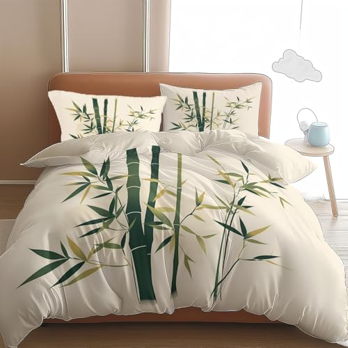 Srigzcaly Housse de Couette 260x240cm Bambou Chinois Motif Parure de Lit en Microfibre Adulte Blanc avec Fermeture Éclair 2 Personnes avec 2 Taies d'oreiller...
