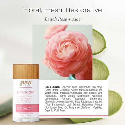 RAW SUGAR Aluminum Free Deodorant Stick, Simply Deo Bundle (Pack of 3) Whole Body Deodorant for Women & Men, Clean Formulated without Baking Soda, Talc & Parabens, Beach Rose + Aloe Scent - Thumbnail 5