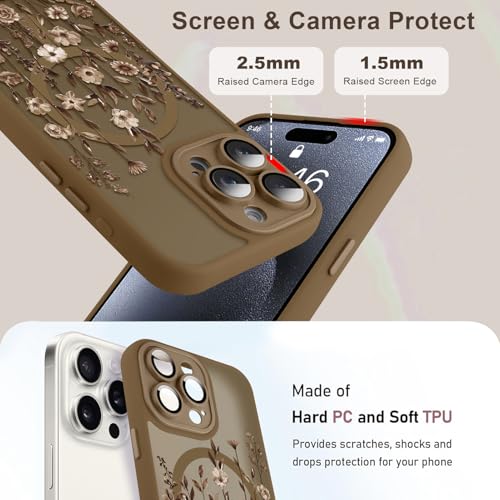 Coque antichoc iPhone 15 Pro Max marron fleurie pour éviter les rayures
