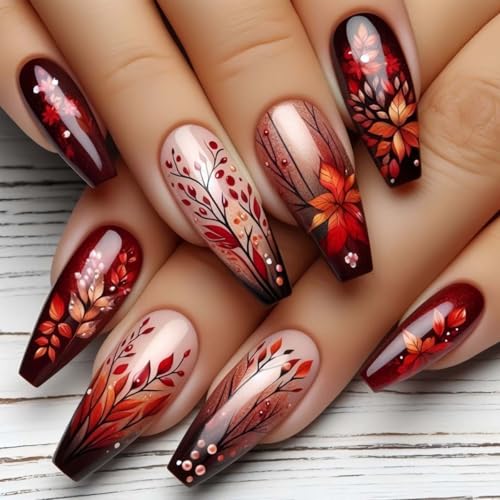 24 Pcs Fall Press On Nails Medium Coffin Fake Nails Leaf With Gradient...